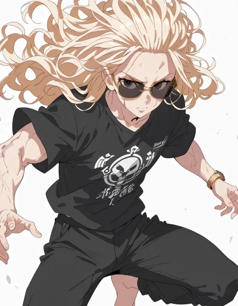 
(dynamic anagle,dynamic pose),solo,looking at viewer,(upperbody),man,blonde wavy shoulder length hair,forehead,sunglasses,male's face,natural cosmetic,muscular body,tight black t-shirt,black skinny long pants,bare feet,soft lineart,flat color,memorial sho...