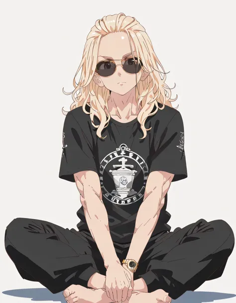 
(dynamic anagle,dynamic sitting indian style pose),solo,looking at viewer,(upperbody),man,blonde wavy shoulder length hair,forehead,sunglasses,male's face,natural cosmetic,muscular body,tight black t-shirt,black skinny long pants,bare feet,soft lineart,fl...