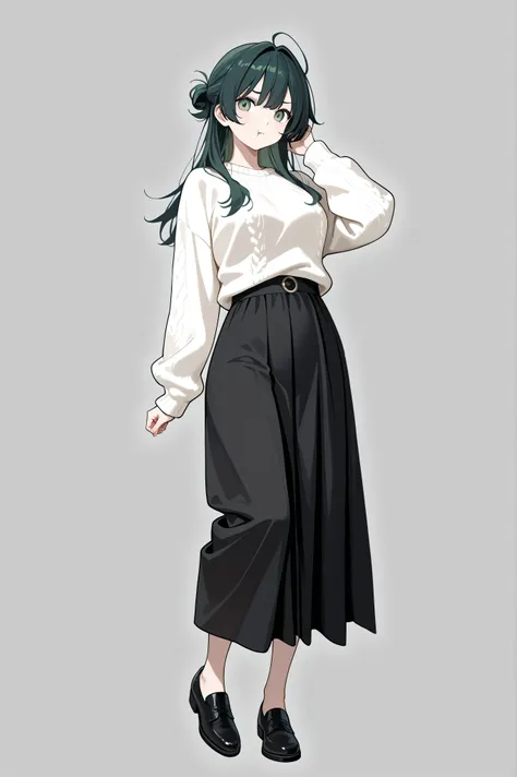 1 girl, standing, :t, dark green hair, pale green eyes, white sweater, Black Long Skirt, Full Body
