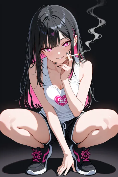 A seductive anime girl with long, straight black hair featuring hot pink highlights. She is squatting casually with her left elbow resting on her knee, and her chin gently supported by her hand. Her right hand naturally holds a lit cigarette between her fi...
