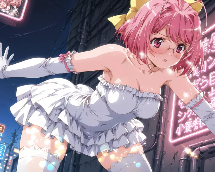 best image quality、top quality、masterpiece、4K、8K、high definition anime style、5 anatomically correct fingers、depth of field、alone、 solo、very young female、 kanon nakagawa, nakagawa kanon , short hair, pink hair, hair bow, pink eyes, antenna hair, mature fema...