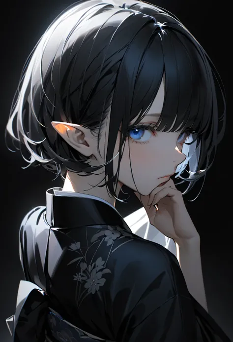 1girl , wanke , shiun \(siun 5513\) , solo , petite , blunt bangs , (very short hair) , blue eyes , half-closed eyes , pointy ears , tsurime , asymmetrical sidelocks , black hair , hair behind ear , black kimono , obi , obiage , sleeves past fingers , hand...