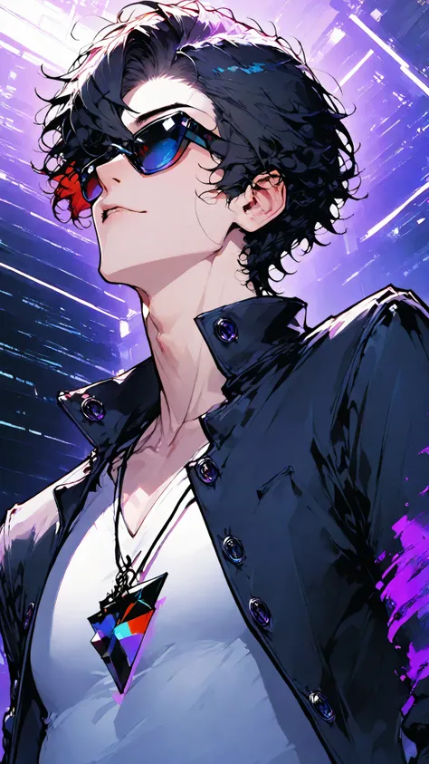 dynamic angle,commix style,dark background,neo_pop_style, pale young man, casual clothes, solid background, magazine photo, teen, shades, fashionable clothes, slim build, dull and cool expression, medium length flowing raven black hair, front facing, multi...