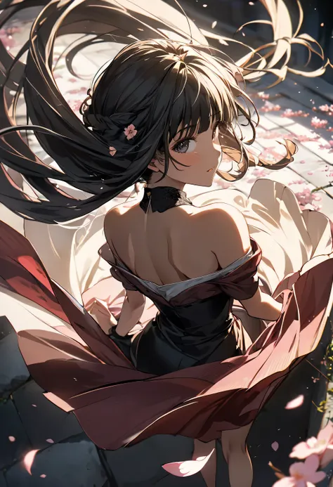 Sakurabuki、 Cherry Blossom Petals Dance、My hair flutters in the wind、The body moves、Clothes shake in the wind、My bangs sway in the wind, masterpiece, solo, looking at the viewer, from above, back focus, best quality, yoneyama artstyle, 
