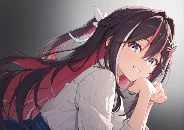  Azki, multicolored hair, long hair, french braid, hair ornament, 、 gold、 blue eyes、 beautiful and delicate eyes， Best Wells Quality，Great product、 black grey background 。  Illustrations depicting {x} 数メートル離れたところからの視点Illustrations depicting。solo。 stylish p...