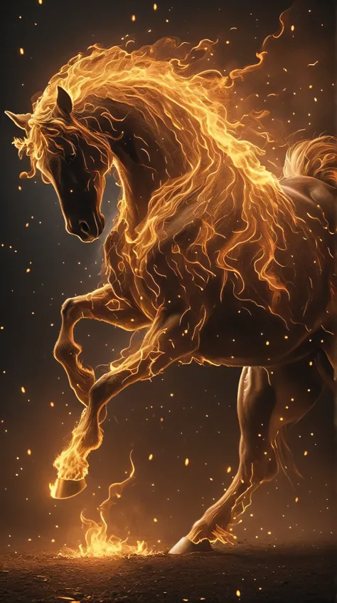    a horse created from fire, flames break out of his body with a long golden mane to the ground covered in flames , illuminating the darkness of the night, he rose on his hind hooves against the starry sky