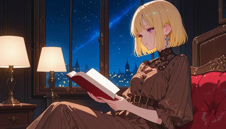 womanhood(Blonde、short bob)、From the waist up、brown dress、Detailed embellishments on the dress、I'm reading a red book、Stylish dark room、Stylish lighting 、window、starry sky、night、Fashionable color、dull color、Cute colors、Pastel、masterpiece、top quality