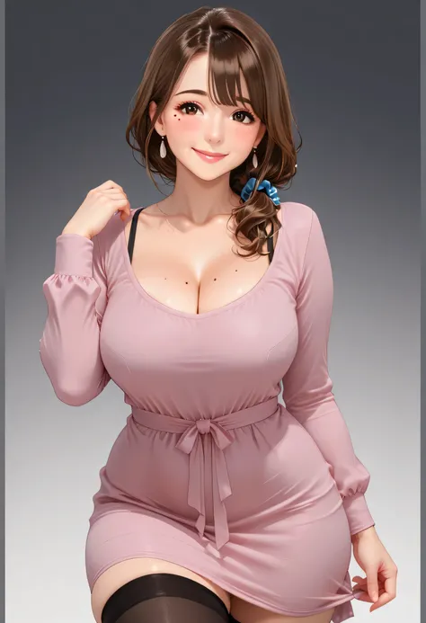 breasts, 1girl, mole, scrunchie, mole on breast, thighhighs, earrings, cleavage, gradient, gradient background, jewelry, hair scrunchie, blue scrunchie, brown eyes, brown hair, thighs, long hair, low tied hair, collarbone, mature female, smile, dress, hair...