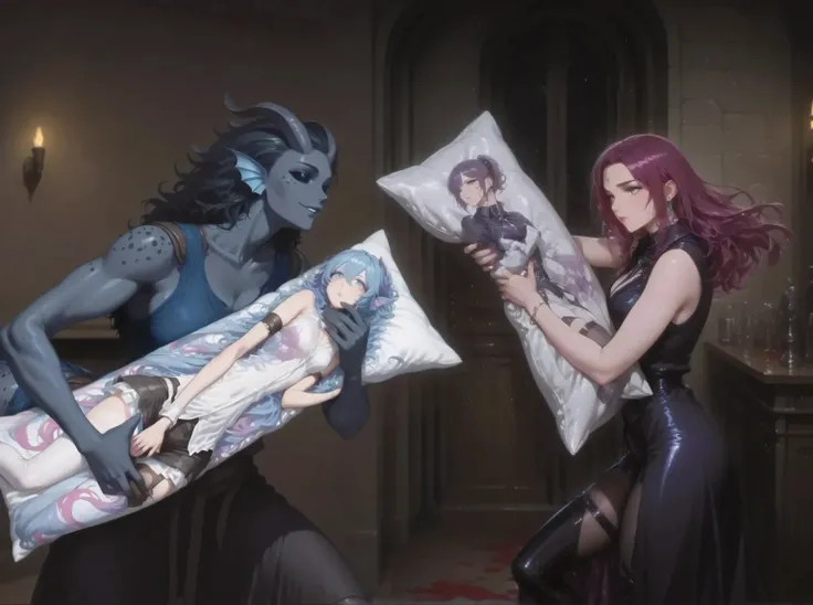Two characters standing next to each other: Kedra, dark blue-gray skin with one black eye. medium length black hair. stands opposite / BREAK /   EVELINE,  and hold Dakimakura, high detail. high sharpness. Dramatic bright lighting. Deep soft shadows.