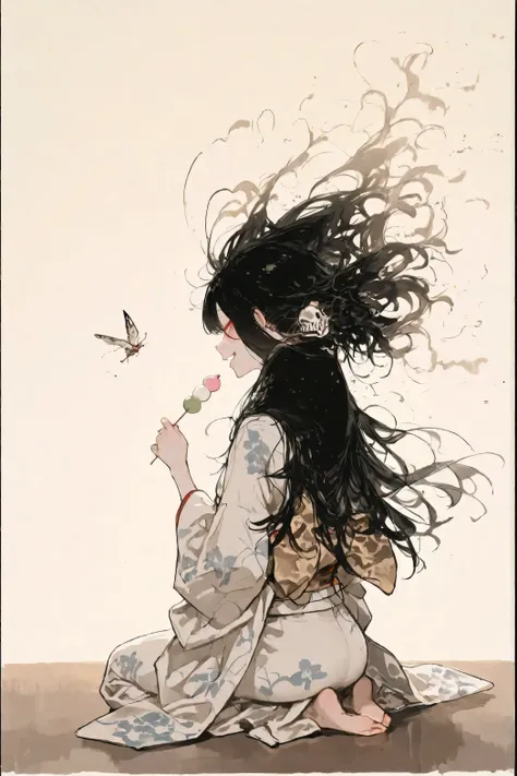 *"A surreal and elegant depiction of the Japanese yokai Futakuchi-onna, seen fully from behind as she sits in seiza (traditional kneeling posture) on a smooth surface. The background is a soft beige gradient with no objects or patterns.

She has only one h...