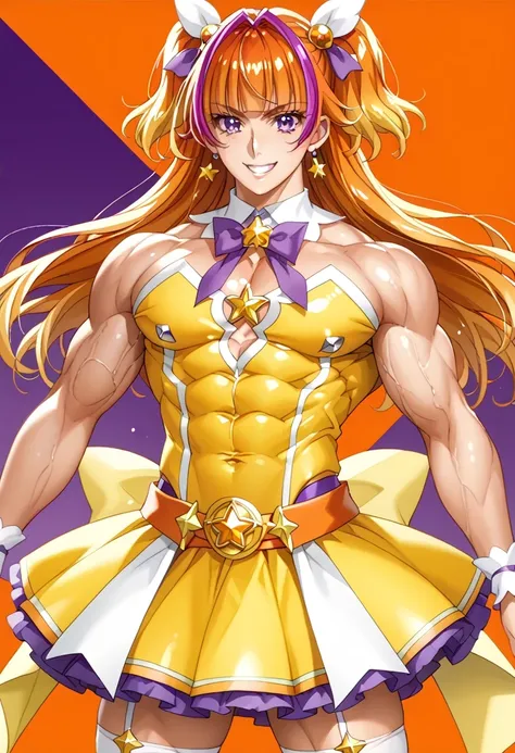 score 9 、score 8 up、score 7 up、source anime、傑作、Best quality、Best resolution、best image quality、anime coloring、anime screencap、1boy、cure twinkle is a boy、(male:1.6)、man is wearing a yellow strapless dress、solo、long hair、orange hair、low tied long hair、multic...