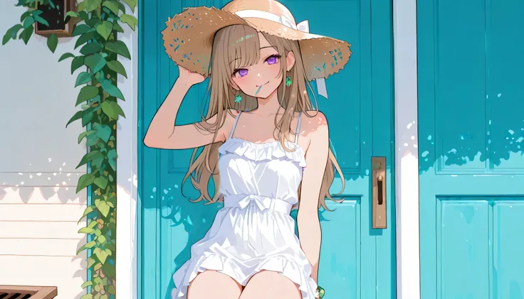  Ruffled White Dress、Looking sideways、and smiles with her mouth closed
