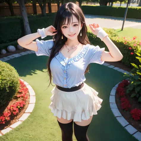 (masterpiece,best quality: 1.4),(8k,raw photo,photo realistic:1.2),shiny skin, detailed skin,detailed face,detailed eyes,Japanese idol,beautiful face,Park with flower beds,Blue Sky,Beautiful lawn,Beautiful girl,beautiful Japanese woman,Beautiful Like a God...