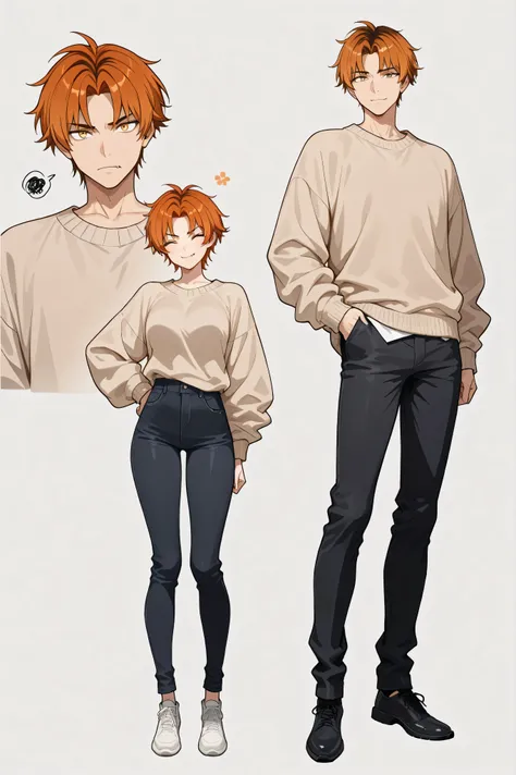 man, ^_^, standing, looking at viewer, center parting, parted bangs, short part hair, dark orange color hair, dark yellow eyes, fang, tall, beige sweater, black jeans, adult, solid white background, full body shot