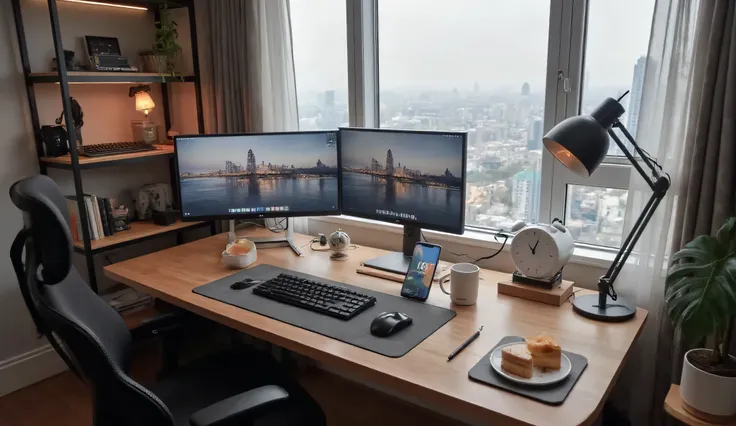A highly detailed, 8K ultra-realistic photo of a minimalist luxury desk setup in a high-rise apartment during daytime. A large wooden desk with rounded edges supports a mechanical keyboard with wooden wrist rest on a gray felt mat, a wireless mouse, and a ...