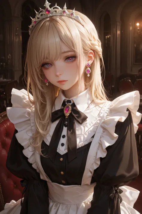 masterpiece, top quality, Queen of Maids, Tiara with seven colored jewels、gothic maid dress, with ruffles、luxury, elegant, Solemn, Dark Atmosphere, Victorian Style , anime style, high resolution, Super Detailed, 8k, atnr