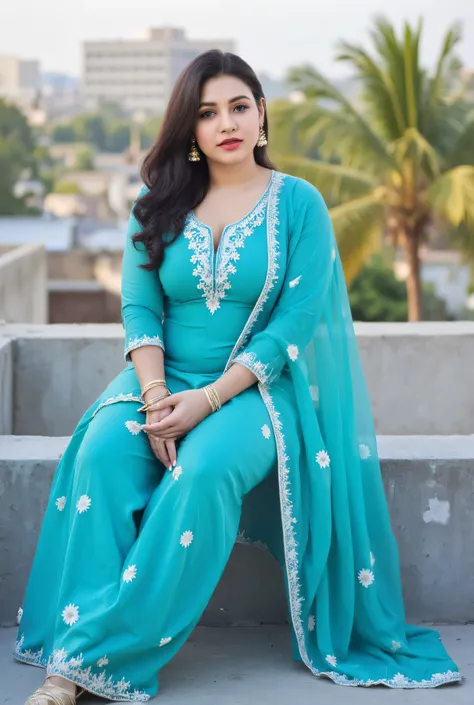 "A big huse breast young Indian woman sitting on a rooftop in an urban setting, wearing a beautiful teal blue traditional salwar suit with floral embroidery and a matching dupatta. She has long black hair, red lipstick, and is wearing large statement earri...