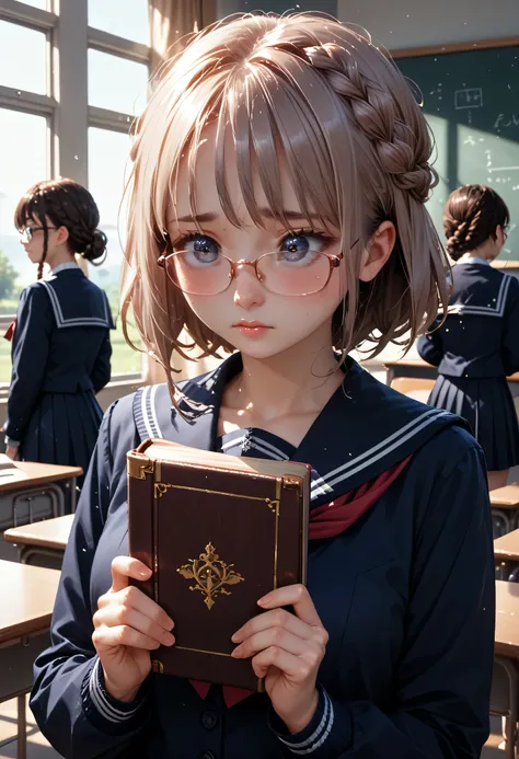 aruhshura, braid, glasses, school uniform, holding book, embarrassed, looking away, blushing, shy expression, soft lighting, classroom background, detailed eyes, delicate features