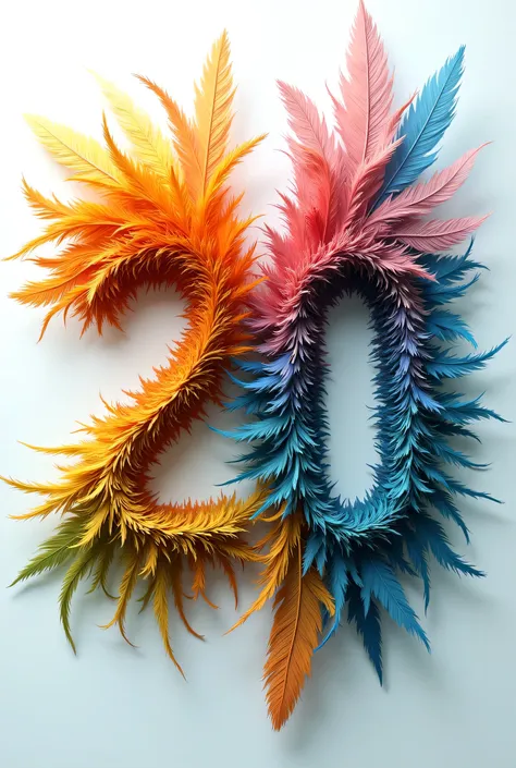 Please lettering the number 2000、Ultra Fine、double exposure image、multy colored feathers