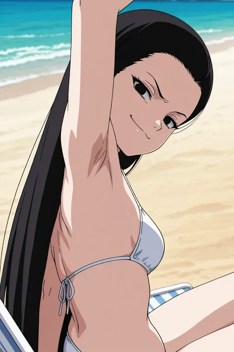 masterpiece, best quality, amazing quality, anime screencap, anime coloring, 1girl, solo, kt1, black hair, long hair, black eyes, small breasts, forehead, white bikini, skindentation, arm up, raised arm, armpit, armpit focus, head towards viewer, looking a...