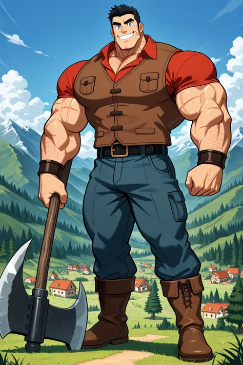 A Giant strong muscular lumberjack paul bunyan man, humanoid creature, cartoon 2d style, giant size, macro size, 50-foot size, 100 feet tall, full body, muscular body, village and forest background, Masterpiece, best quality, high quality, detailed, male, ...