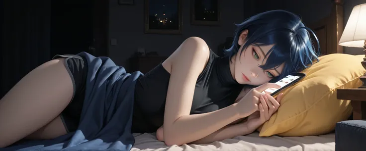 almost realistic, almost realistic, almost realistic, front view, 1 girl - she is Belle, 1girl, green eyes, short hair, blue hair, hair between eyes, ahoge, medium breast, black turtleneck tank top, black hotpants, high detailed, best quality, young lady, ...
