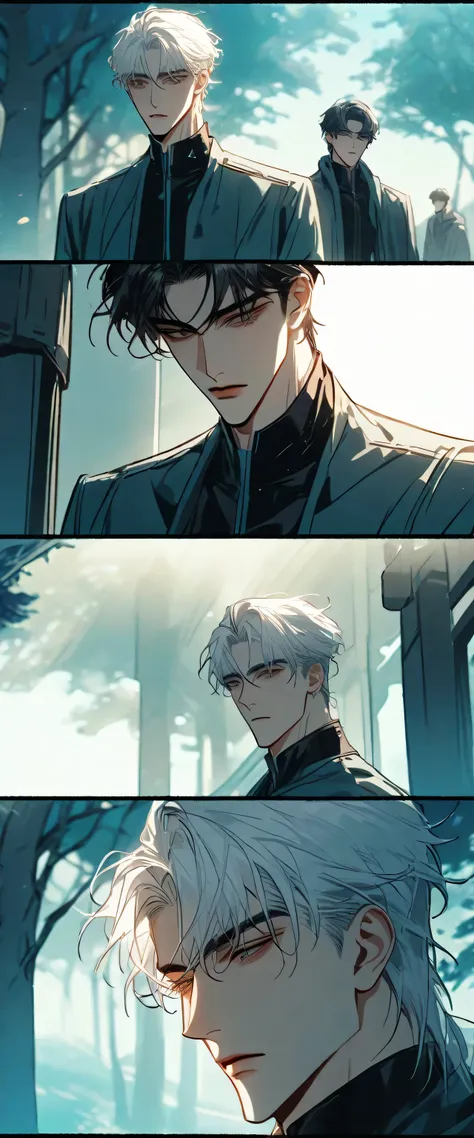 male,Two boys,A boy's cold, Very handsome, male students,韩国comic style, Very handsome脸插画,Sense of distance,sunshine,young,Dark,White hair,comic style,Avatar,Wire, with bangs, Very handsome,。
