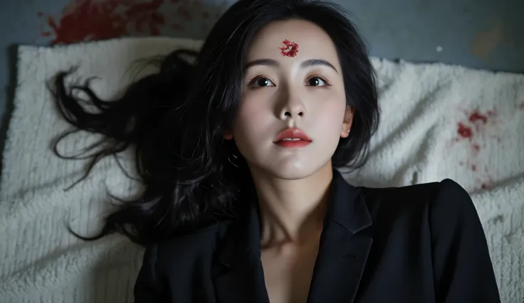 Masterpiece Best Quality (Wallpapers 8K Very High Detail) (best illustration) (The best shadow) Realistic lighting, high definition, very realistic, a handsome 30-year-old Asian woman wearing a black suit, she was shot in the forehead, a bullet wound in th...