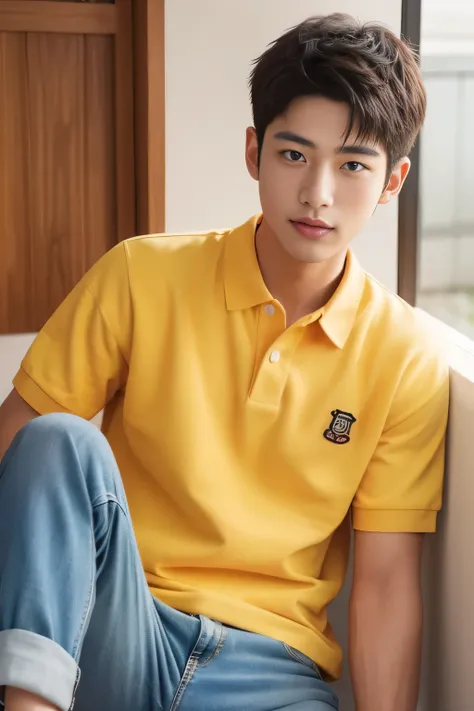  male、Japanese、handsome、 short hair、 facing the front、 yellow polo shirt、fashion model