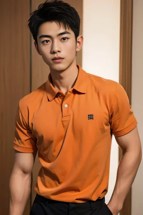  male、Japanese、handsome、 short hair、 facing the front、 A daikon with an orange polo shirt、fashion model