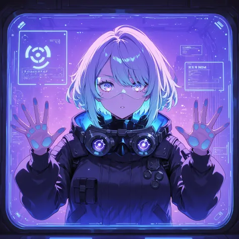 (Illustration), Bust-up composition of a Japanese girl wearing a large futuristic snow goggle-shaped digital interface, glowing HUD and digital data displayed on the glass surface of the goggles, reflective lenses with UI overlay, dark and narrow sci-fi ro...