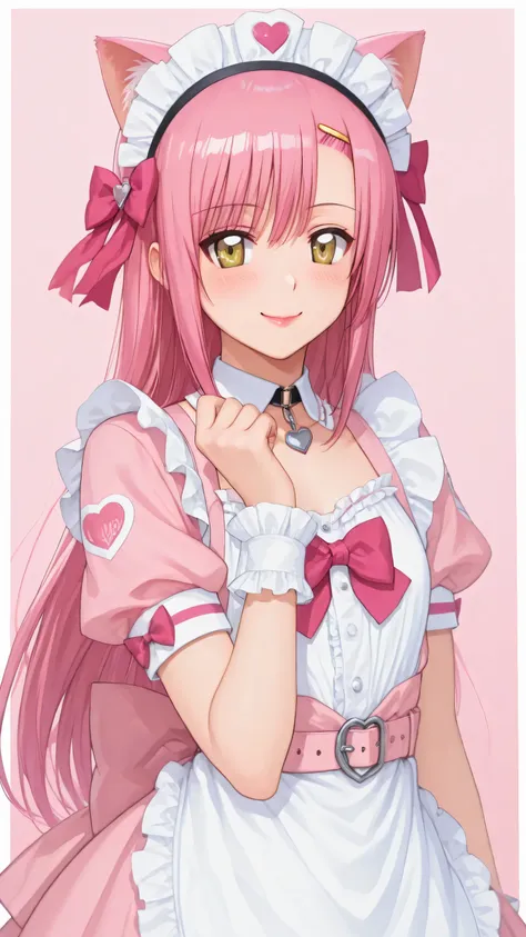 pink dress, apron, white apron, frills, hair bow, pink bow, maid apron, maid headdress, heart hair ornament, choker, chest bow, pink bow, wrist cuffs, cat print, belt, back bow, cat ears, maid headdress , pink cat ears, hinagiku katsura, pink long hair, ye...