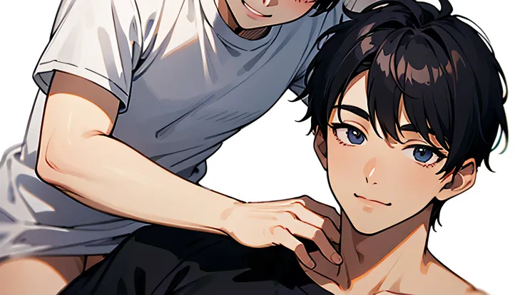  male　Draw an adult handsome 　very short black hair　　　Relax on a white bed and massage　　no white gradient background　　male to male　smiling　Face Down　　Two men looking at the camera　white t-shirt　Shirtless