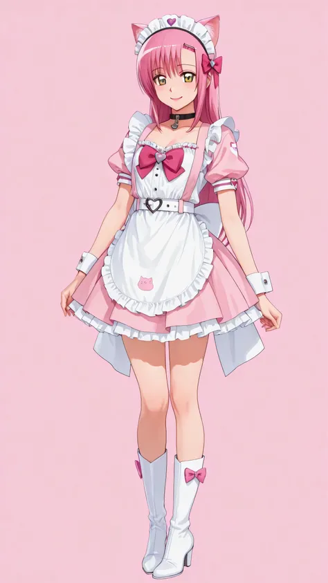 pink dress, apron, white apron, frills, hair bow, pink bow, maid apron, maid headdress, heart hair ornament, choker, chest bow, pink bow, wrist cuffs, cat print, belt, back bow, cat ears, maid headdress , pink cat ears, hinagiku katsura, pink long hair, ye...