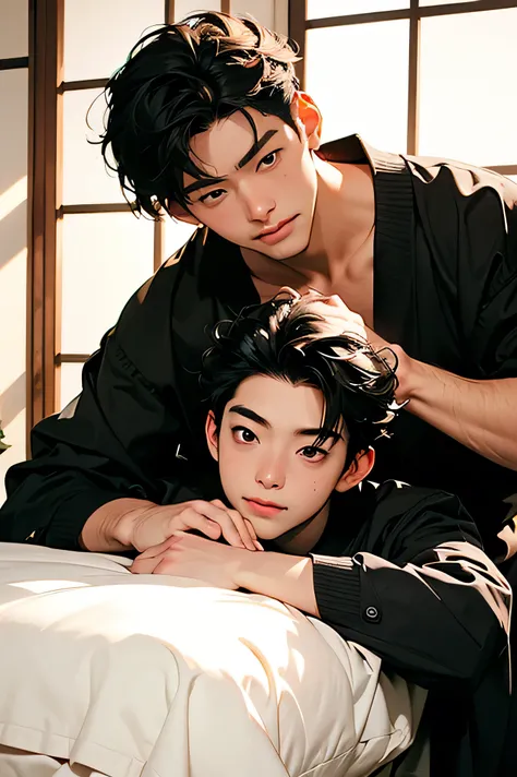 two Japanese men are already getting entangled in the　two handsome guys　Two people with very short black hair　　　Relax on a white bed and massage　　no white background other than the white window frame　　male to male　smiling　Face Down　　Two men looking at the ...
