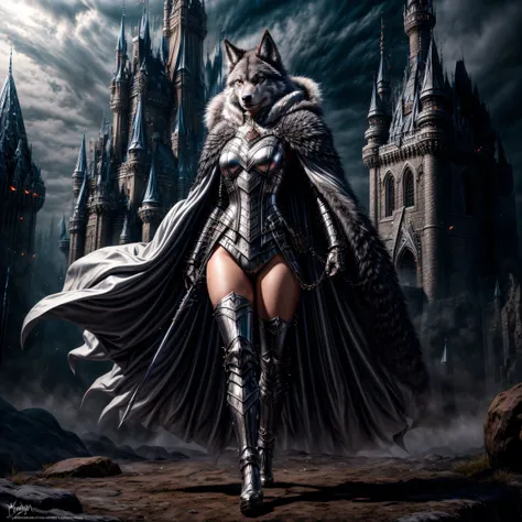 an anthro furry female wolf as a knigh dynamic fur color, lupine grey eyes, wearing white armor, wearing black cloak, wearing high heels boots, fantasy castle in the background , high fantasy atmosphere, divine light, back light, dynamic angle, Masterpie...