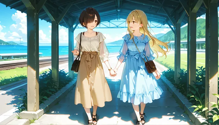 Pale blue summer outfit, brown summer outfit, 2girls, blonde longhair, black short hair, hair over one eye, side parted, hand in hand, tsurime, tareme, (brown eyes), station, interlocked fingers, shoulders bag, happy, Looking away, 20 years old, mesium bre...