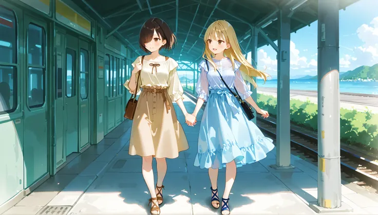 Pale blue summer outfit, brown summer outfit, 2girls, blonde longhair, black short hair, hair over one eye, side parted, hand in hand, tsurime, tareme, (brown eyes), station, interlocked fingers, shoulders bag, happy, Looking away, 20 years old, mesium bre...