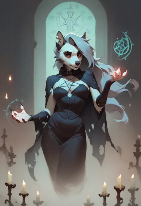 Anthro Loona in a ruined cathedral, surrounded by floating candles and dark arcane symbols, wearing a velvet corset and long flowing cape, summoning a spell with glowing claws.