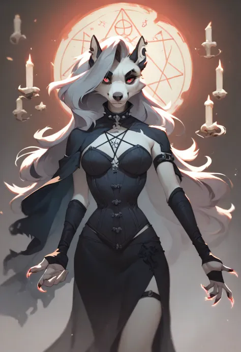 Anthro Loona in a ruined cathedral, surrounded by floating candles and dark arcane symbols, wearing a velvet corset and long flowing cape, summoning a spell with glowing claws.