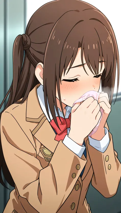 An image of Shimamura Suzuki , brown hair, long hair, one side up, school uniform, red bow tie , brown blazer  , holding and smelling the panties with both hands 
