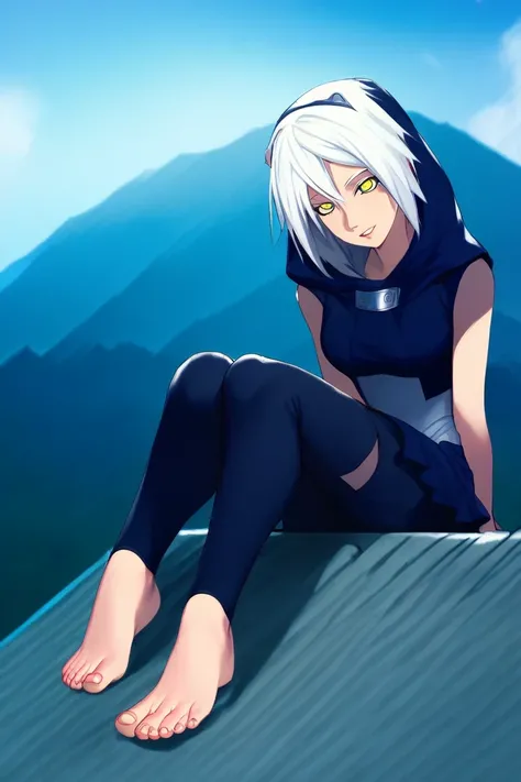 Barefoot girl, white hair that reaches her shoulders, She wears a hood, medium breasts, smooth white feet, ((sitting on the edge of the roof of a house)), ninja skirt, tight neckline, In his left hand he holds a kunai, in the Naruto world. high quality, 4 ...