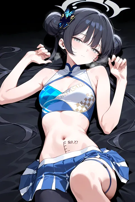 score_9, score_8_up, score_7_up, masterpiece, best quality, very aesthetic, absurdres, tunning image, attractive image, 1girl, adult grown woman, solo, kisaki \(blue archive\), grey eyes, black hair, double bun, twintails, halo, small breasts, masterpiece,...