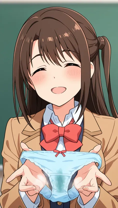 An image of Shimamura Suzuki , blushed, bothers , brown hair, long hair, one side up, school uniform, red bow tie , brown blazer     , Hold and smell the panties with both hands 