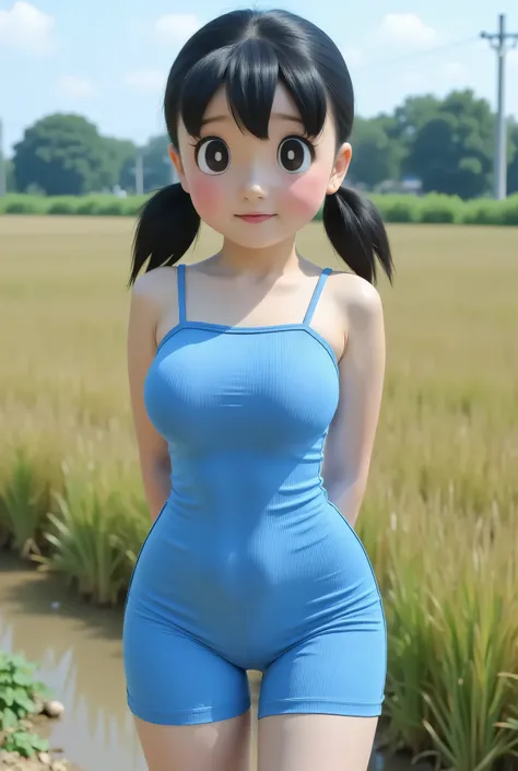 Visible female panties, front posing, ("Facial expression in Happy big ORGASM EXPRESSION"), Both hands lying behind the back, (photorealistic:1.6) background rice paddy. daytime atmosphere, (((please don't showing any finger!!!))), (BARING DIATAS TIGA HUG...