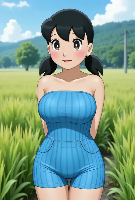 Visible female panties, front posing, ("Facial expression in Happy big ORGASM EXPRESSION"), Both hands lying behind the back, (photorealistic:1.6)  background rice paddy. daytime atmosphere, (((please don't showing any finger!!!))), (BARING DIATAS TIGA HUG...