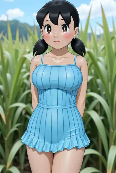 Visible female panties, front posing, ("Facial expression in Happy big ORGASM EXPRESSION"), Both hands lying behind the back, wearing sexy ruffle stockings, (photorealistic:1.6)  background rice paddy. daytime atmosphere, (((please don't showing any finger...