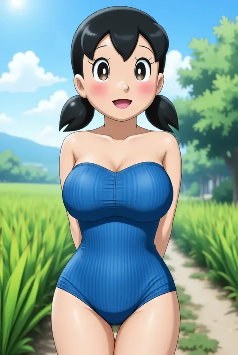 Visible female panties, front posing, ("Facial expression in Happy big ORGASM EXPRESSION"), Both hands lying behind the back, wearing sexy ruffle stockings, (photorealistic:1.6)  background rice paddy. daytime atmosphere, (((please don't showing any finger...