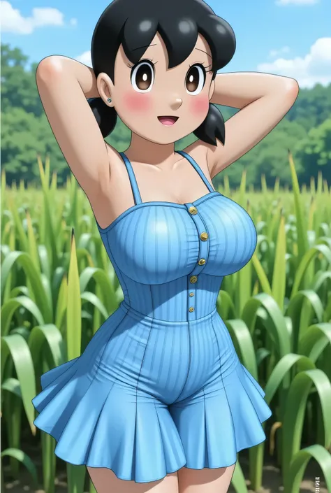 Visible female panties, front posing, ("Facial expression in Happy big ORGASM EXPRESSION"), Both hands lying behind the back, wearing sexy ruffle stockings, (photorealistic:1.6)  background rice paddy. daytime atmosphere, (((please don't showing any finger...