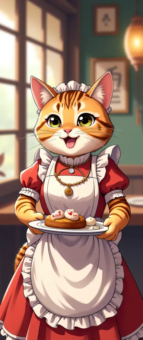 high resolution images in front of the teacher,print style、The cat's maid、wears white and red maid clothes、striped tiger cat。Working at a maid cafe 